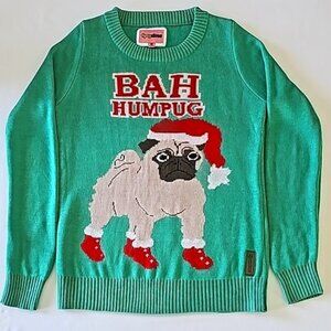 Tipsy Elves Pug Dog Ugly Christmas Sweater Green Size S